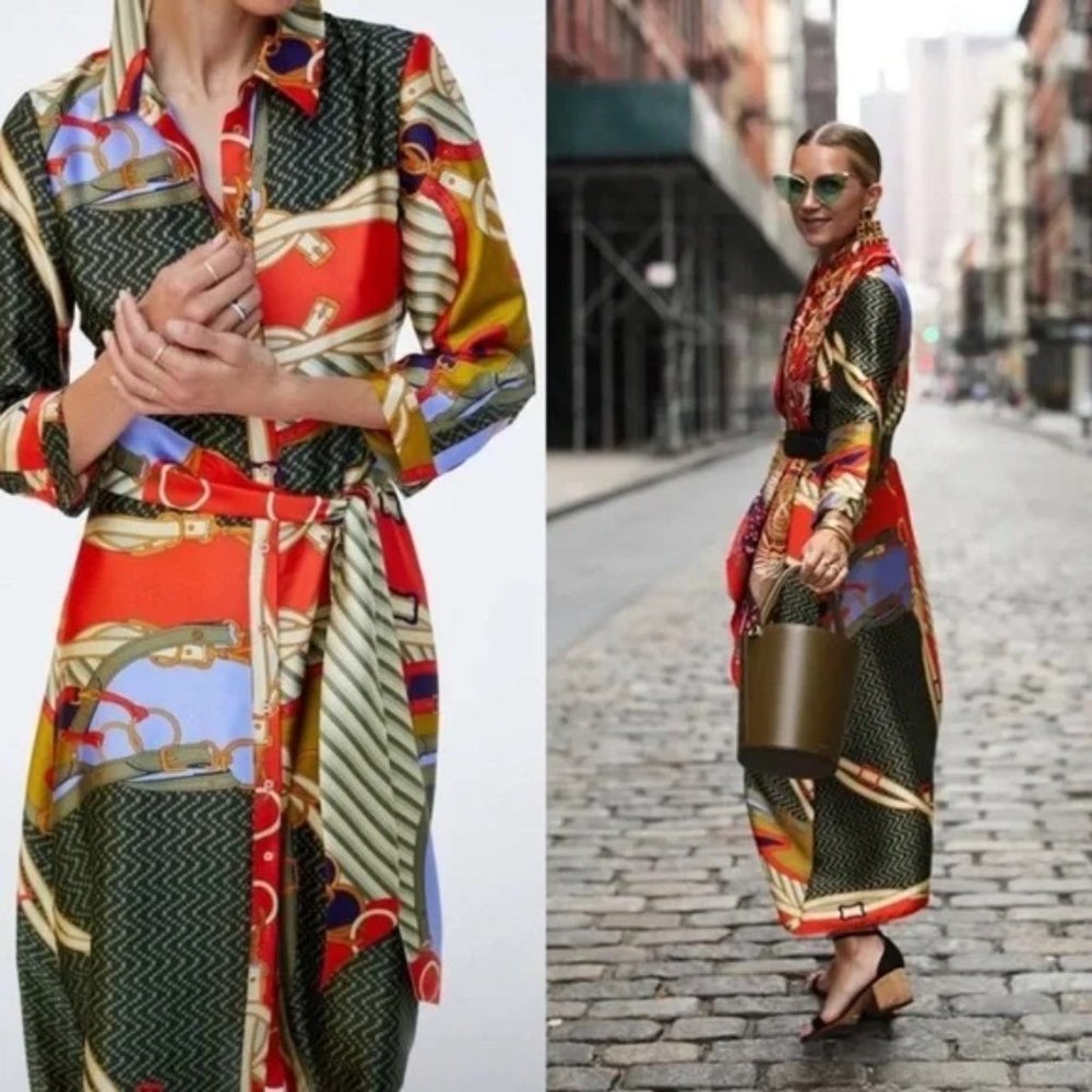 Zara scarf print shirt dress waist belt large